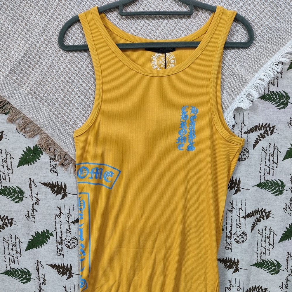 Chrome Hearts Mustard Yellow Ribbed Tank with Blue Logo